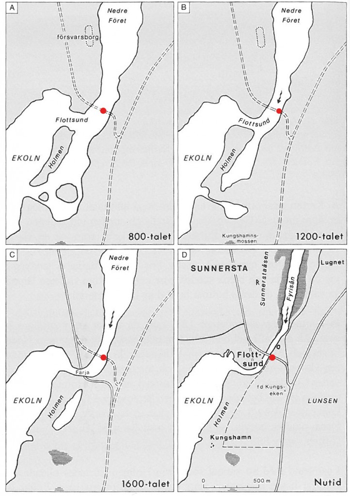 Fyra stadier i Flottsundsområdets utveckling. Nutida vägnät markerat och platsen för utredningen markerad med röd prick.